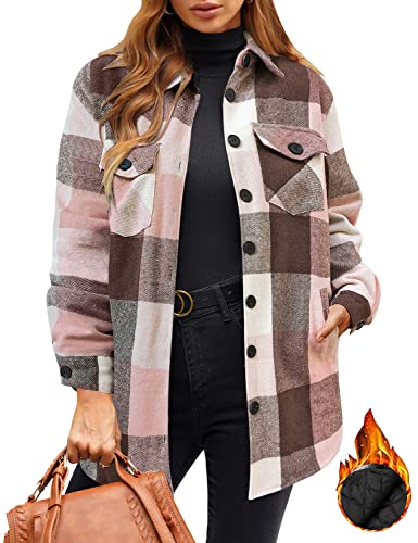 luvamia Karierte Jacken für Damen, Flanell, gesteppt, Shacket Mäntel, übergroße Button-Down-Shirts, Jacke, pinkes Karomuster, S von luvamia