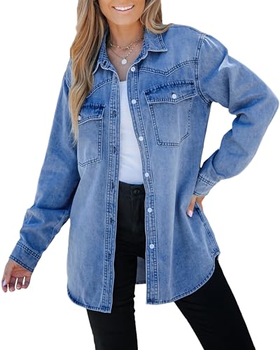 luvamia Lange Jeansjacke für Damen, leicht, trendig, Jeans, Button-Down-Shirts, Jacken, übergroße Shackets mit Taschen, Mitternachtsblau, M von luvamia