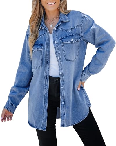 luvamia Lange Jeansjacke für Damen, leicht, trendig, Jeans, Button-Down-Shirts, Jacken, übergroße Shackets mit Taschen, Mitternachtsblau, XL von luvamia