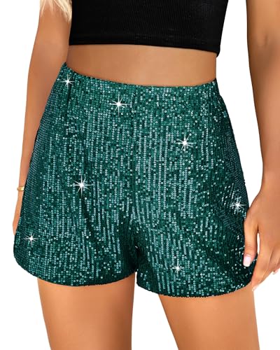 luvamia Pailletten-Shorts für Damen, trendig, hohe Taille, dehnbar, glitzernd, kurze Hose, Urlaub, Party, Outfits, Dunkelgrün, Klein von luvamia