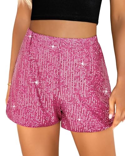 luvamia Pailletten-Shorts für Damen, trendig, hohe Taille, dehnbar, glitzernd, kurze Hose, Urlaub, Party, Outfits, Knallpink (Hot Pink), X-Groß von luvamia