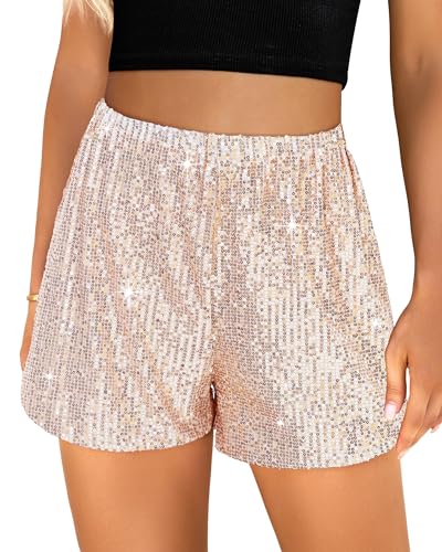 luvamia Pailletten-Shorts für Damen, trendig, hohe Taille, dehnbar, zum Überziehen, glitzernd, kurze Hose, Urlaub, Party-Outfits, Roségold, Groß von luvamia