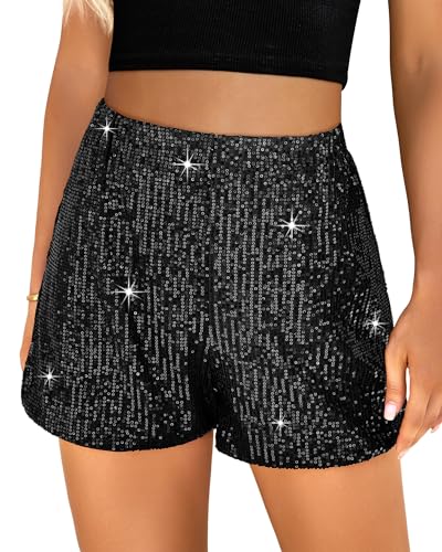 luvamia Pailletten-Shorts für Damen, trendig, hohe Taille, dehnbar, zum Überziehen, glitzernd, kurze Hose, Urlaub, Party-Outfits, Schwarz, Groß von luvamia