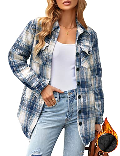 luvamia Plaid Jacken für Damen Flanell Steppjacke Mäntel Oversized Button Down Shirts Jacke, Blau kariert., S von luvamia