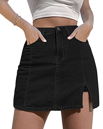 luvamia Skorts Röcke für Damen, Denim-Minirock, Seitenschlitz mit hoher Taille, Jeans-Shorts, dehnbar, B Soft Schwarz, XX-Large von luvamia