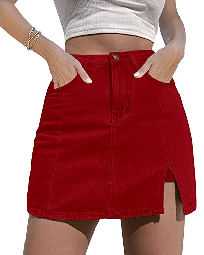 luvamia Skorts Röcke für Damen, Denim-Minirock, Seitenschlitz mit hoher Taille, Jeans-Shorts, dehnbar, Echtes Rot, Klein von luvamia