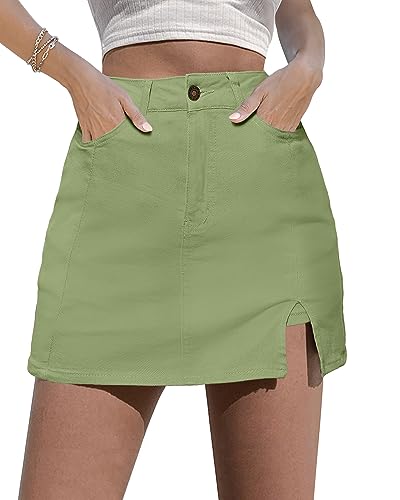 luvamia Skorts Röcke für Damen, Denim-Minirock, Seitenschlitz mit hoher Taille, Jeans-Shorts, dehnbar, Laurel Green, Groß von luvamia