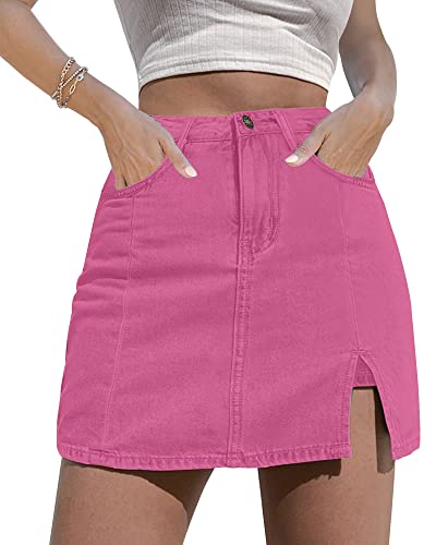 luvamia Skorts Röcke für Damen Denim Minirock Seitenschlitz mit hoher Taille Jeansshorts dehnbar, Knallpink (Hot Pink), Mittel von luvamia