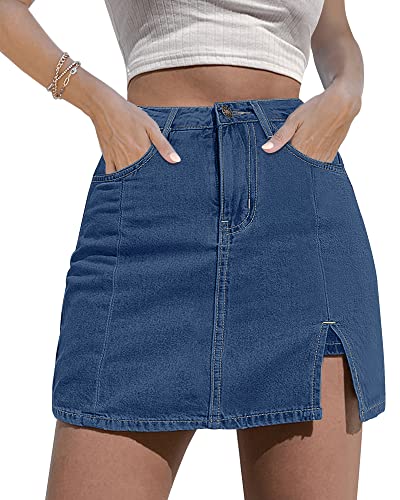 luvamia Skorts Röcke für Damen Denim Minirock Seitenschlitz mit hoher Taille Jeansshorts dehnbar, Mittelblau, Mittel von luvamia