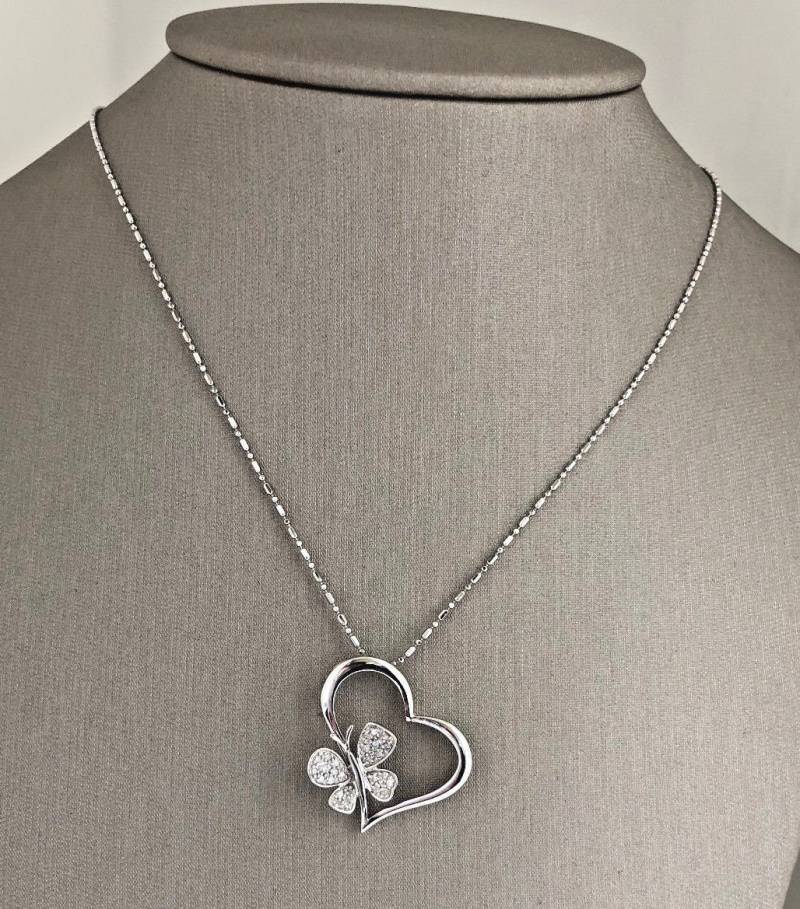 10K Weißgold Diamant Schmetterling Herz Anhänger Halskette von luxurySFjewelry