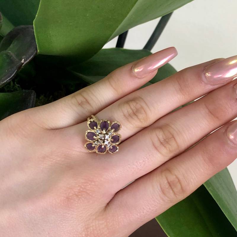 Amethyst Und Diamant-Cluster-Blume Form Cocktail Statement Mode-Ring von luxurySFjewelry