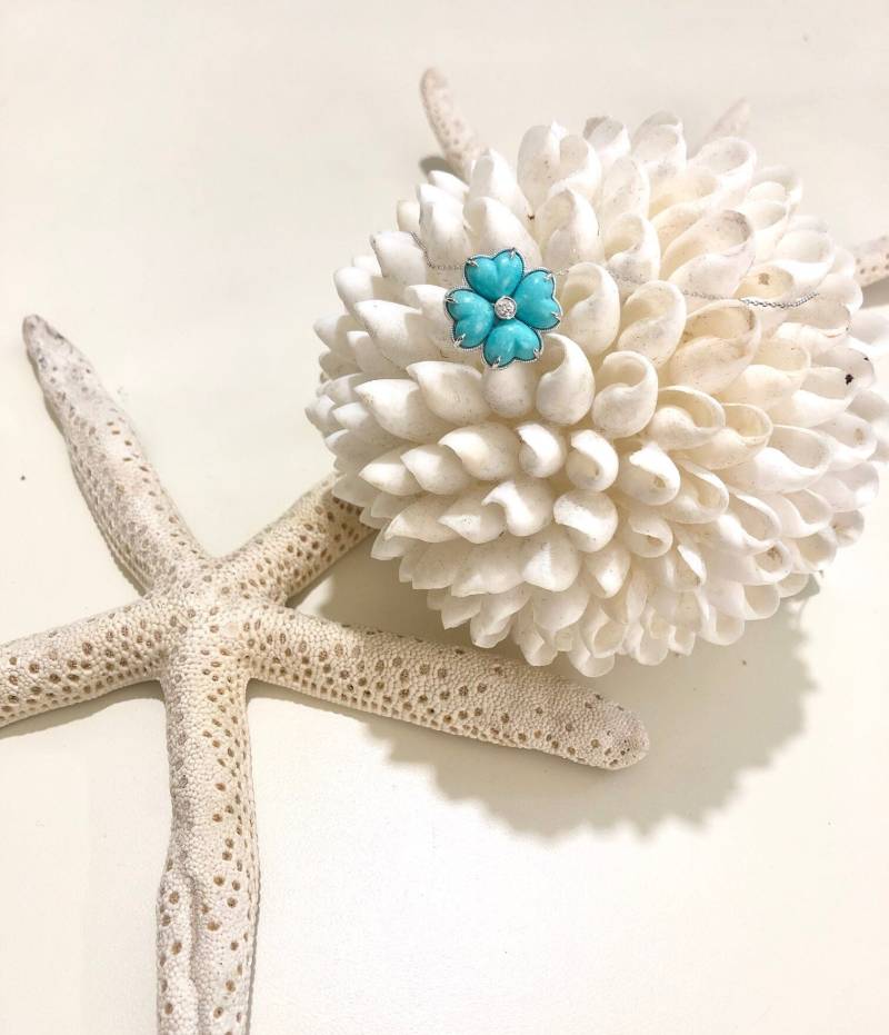 Dornröschen Türkis Herz Anhänger Diamant Mitte, 18K Weißgold Halskette von luxurySFjewelry