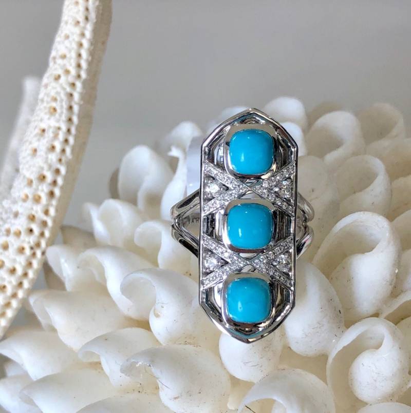 Dornröschen Türkis Ring 18K Weißgold Diamant Akzent von luxurySFjewelry