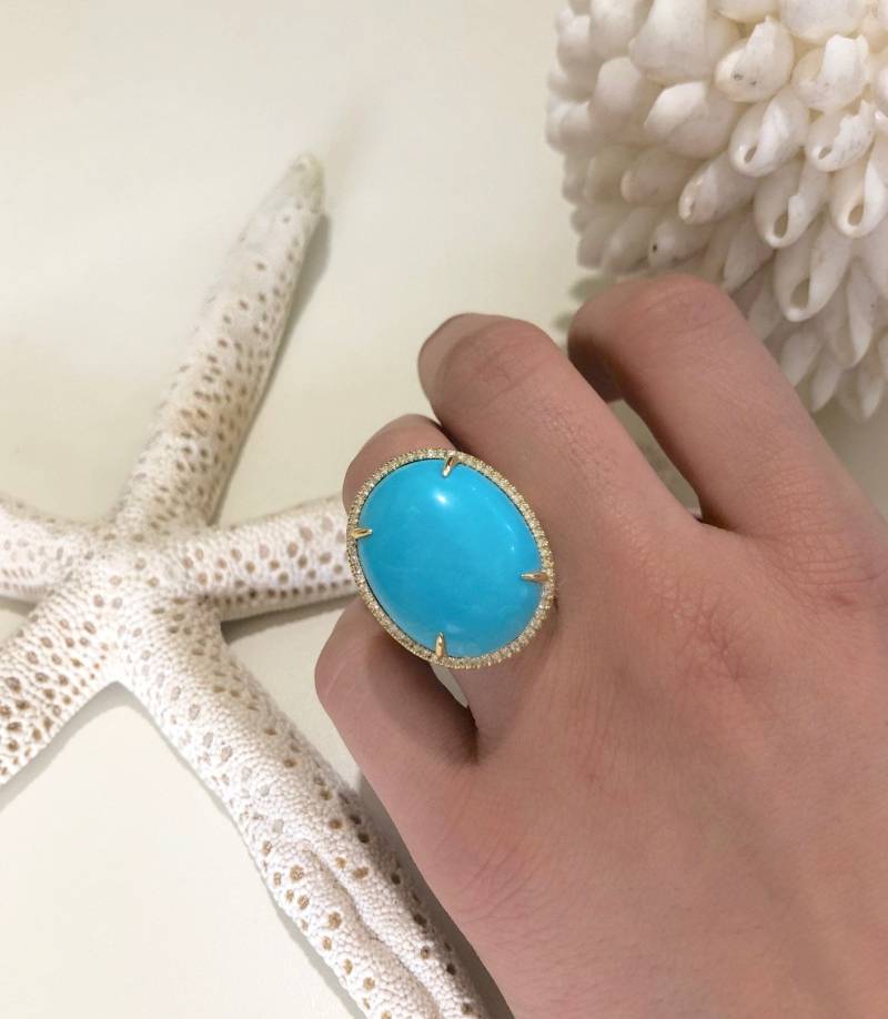 Dornröschen Türkis Ring Diamant Halo, 18K Gold Statement Ring von luxurySFjewelry