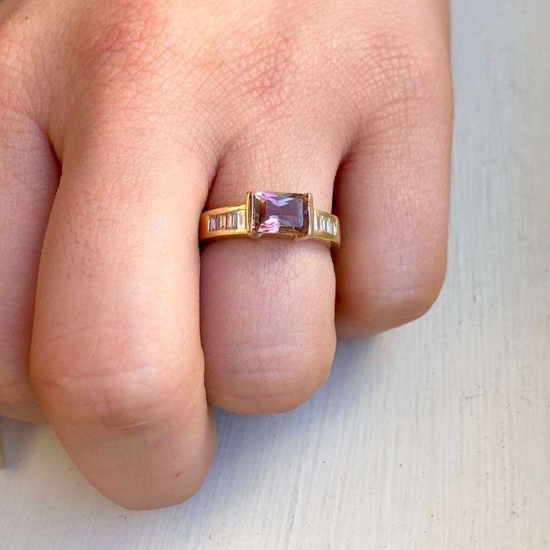 Jahrgang Massiv 14K Gelb Gold Pink Turmalin Und Diamant Baguette Engagement Ring Größe 6 von luxurySFjewelry