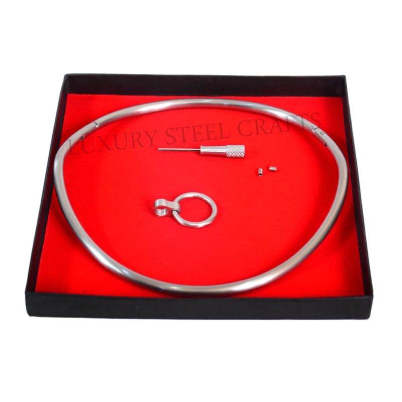 Satin 6 Mm Edelstahl Verschluss Eternity Halsband Mit Abnehmbaren Ring von luxurySteelCrafts