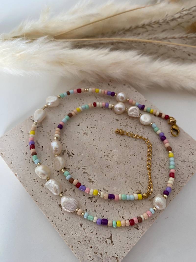 Süßwasserperlenkette Bunt, Miyuki Perlenkette, Handgemachte Halskette Mit Edelstahl, Perlen Schmuck Damen Süßwasserperlenkette Bunt, Miyuki Perlenkette, Handgemachte Halskette Mit Edelstahl, Perlen Schmuck Damen von luzjewellerystore
