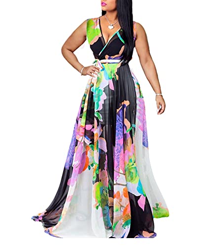 lvenzse Damen Maxikleid Boho Chiffon Blumendruck V-Ausschnitt Lange Kleider (S-5XL), A-ärmellos-schwarz-weiß, 5X-Groß von lvenzse