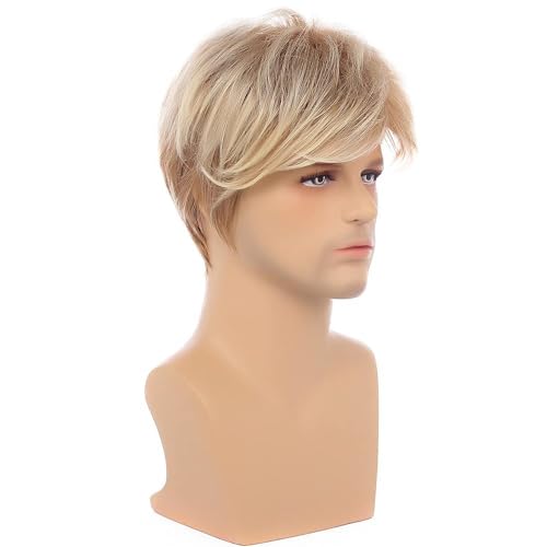Männer Blonde Perücke Kurze Geschichtete Synthetische Wärme- Perücken Cosplay Kostüm Perücke mit Perücken Kappe Anime Kostüm Halloween Cosplay Party von lvifloae
