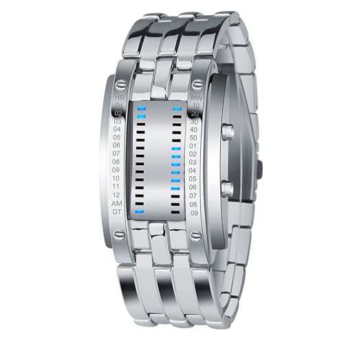 lvifloae Herren binäre Uhr Casual Sports Blue Backlight Fashion Quartz Bewegung LED Digitale Armbanduhr für Outdoor -Partys Edelstahl Uhren Schwarze große Größe großer Größe (Silber groß) von lvifloae