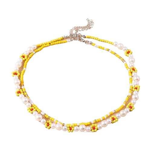 lxuebaix Böhmische handgewebte Harzperlen-Halskette, Sommer-Strand-Farbe, Reisperlen, doppellagiger Halskettenkragen, geeignet für Frauen von lxuebaix