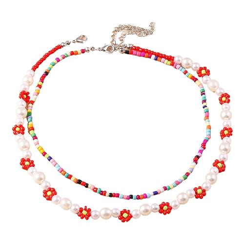 lxuebaix Böhmische handgewebte Harzperlen-Halskette, Sommer-Strand-Farbe, Reisperlen, doppellagiger Halskettenkragen, geeignet für Frauen von lxuebaix