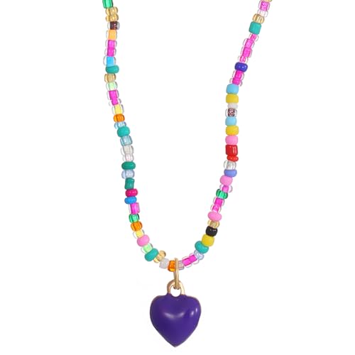 lxuebaix Halskette mit Herz-Anhänger, mehrfarbige Reisperlen, verstellbare Halskette, böhmischer Schmuck, Ornament für Frauen und Mädchen von lxuebaix