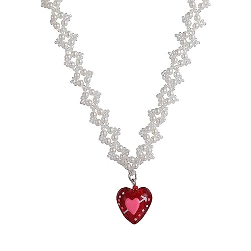lxuebaix Handgefertigte Herz-Anhänger-Halskette, Perlen und Harzmaterial, farbige Glasur, Herz-Anhänger-Halskette für Frauen, Mädchen, Teenager, Herz-Anhänger-Halskette, Rot von lxuebaix