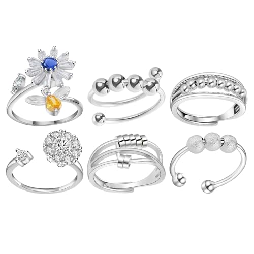 lyanny 6 Stück Fidget Ring Set, Verstellbare Fingerringe, Massage Ring Zappelringe, Offener Ringe für Damen Herren Stress Abbauen von lyanny