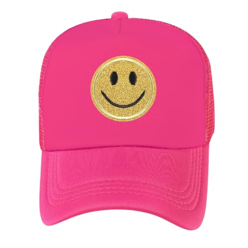 lycycse Damen Trucker Hat Mesh Neon Preppy Hüte mit Pailletten Smile Patch Y2K Hut Retro Baseball Cap, Hot Pink 2, 7-7 1/2 von lycycse