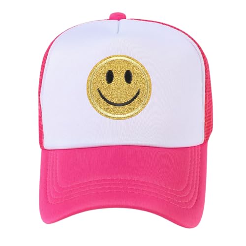 lycycse Smile Face Hat Damen Mesh Neon Trucker Hüte mit Pailletten Smile Patch Preppy Hat Retro Baseball Cap, Pink/Weiß, Einheitsgr��e von lycycse