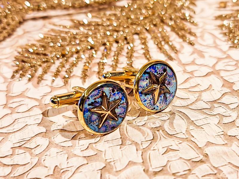 Manschettenknöpfe Stern Blume Blatt Drucke Anzug Hemd 14mm Für Männer Wahl Harz Messing Edelstahl Gemüse von lydeedeco