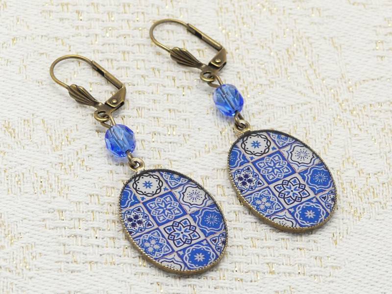 Ohrringe Harzperlen Messing Bronze Blau Weiß Lissabon Azulejos Für Frauen Retro Handgefertigt von lydeedeco