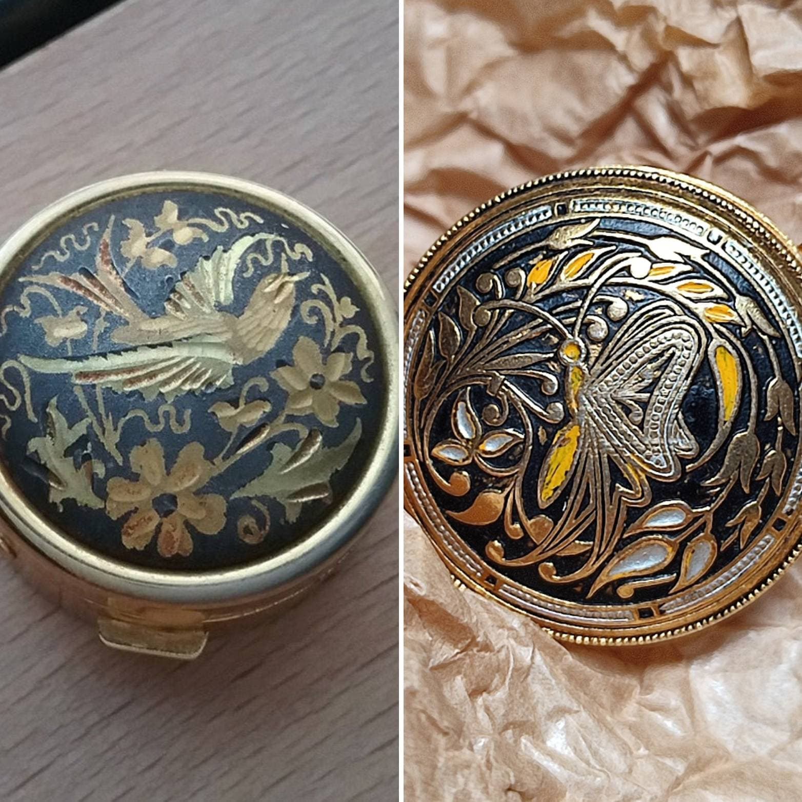 Pilsdose, Mini-Schmetterlings - Und Paradiesvogeldose, Toledo Damascene Stil, Runde Dose 3 cm 1970 Pillendose Oder Mini-Aufbewahrung Perfektes von lydieLYK