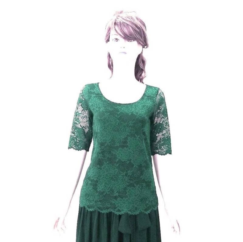 Dunkelgrünes Brautjungfer Top. Top Mit Ärmeln. Stretch-Spitzen-Top. Dunkelgrüne Party Bluse von lynamobley2012