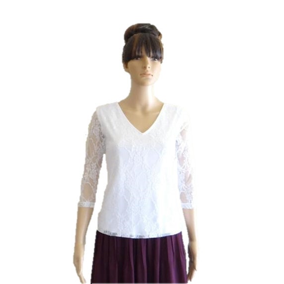 Weißes Brautjungfer Top. Top Mit Ärmeln. Stretch-Spitzen-Top. Weiße Party Bluse von lynamobley2012