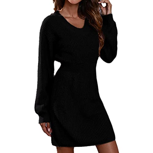 lyrlody Strickkleid mit V-Ausschnitt, Winterkleid für Damen, Kleid mit V-Ausschnitt und Fallender Schulter, Knielanges Strickkleid für Frauen, Bequem und Hautfreundlich(m-Schwarz) von lyrlody