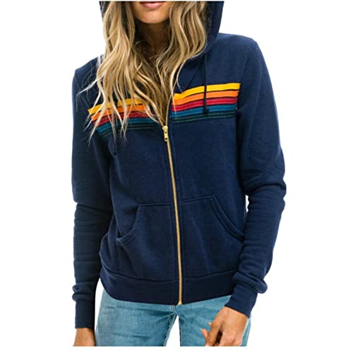 lzjds Damen Sweatshirt Regenbogen Lässiger Langarm Hoodie mit Kordelzug Durchgehender Reißverschluss mit Tasche,Blau,M von lzjds