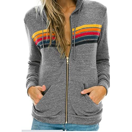 lzjds Damen Sweatshirt Regenbogen Lässiger Langarm Hoodie mit Kordelzug Durchgehender Reißverschluss mit Tasche,Grau,M von lzjds