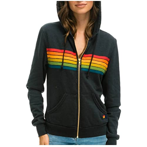 lzjds Damen Sweatshirt Regenbogen Lässiger Langarm Hoodie mit Kordelzug Durchgehender Reißverschluss mit Tasche,Schwarz,3XL von lzjds