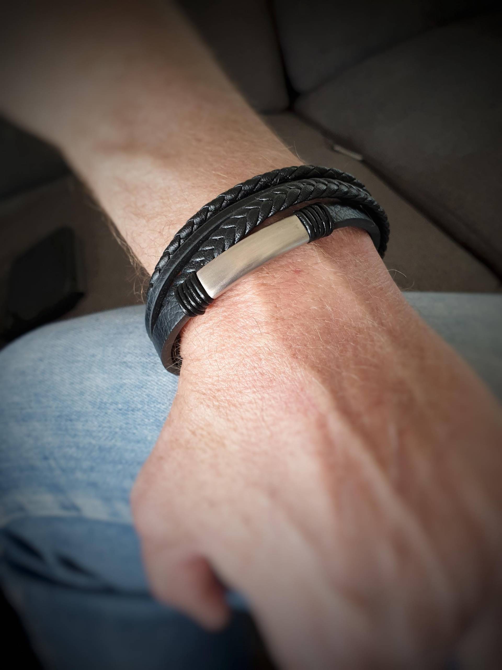 Armband Echt Leder Schwarz Edelstahl Herrenarmband, Schmuck Für Männer, Mann Armspange Herren Spange Manschette von mArteShop