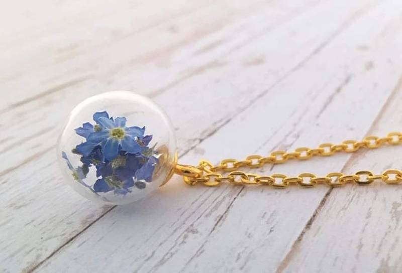Echte Vergissmeinnicht Forget Me Not Kette Gold Blüten Halskette Blau Schmuck Vergiss Mein Nicht, Geschenk Trockenblumen von mArteShop