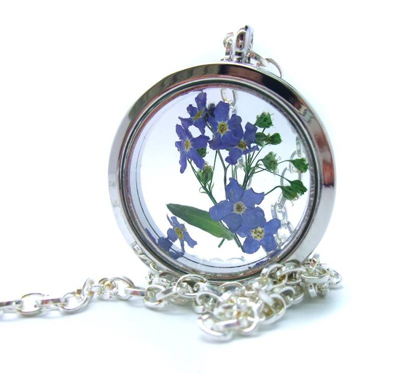 Echte Vergissmeinnicht Kette Blüten Blau Anhänger Medaillonkette Medaillon Halskette Gliederkette 38-80 cm Wähle Selbst Deine Wunschlänge von mArteShop
