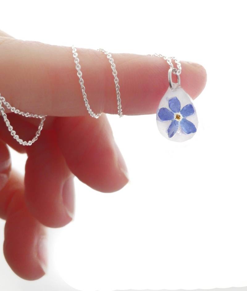 Echte Vergissmeinnicht Tropfen Forget Me Not Kette 925 Sterling Silber Halskette, Lass Blumen Blüten Sprechen Vergiss Mein Nicht 38 - 55 cm von mArteShop
