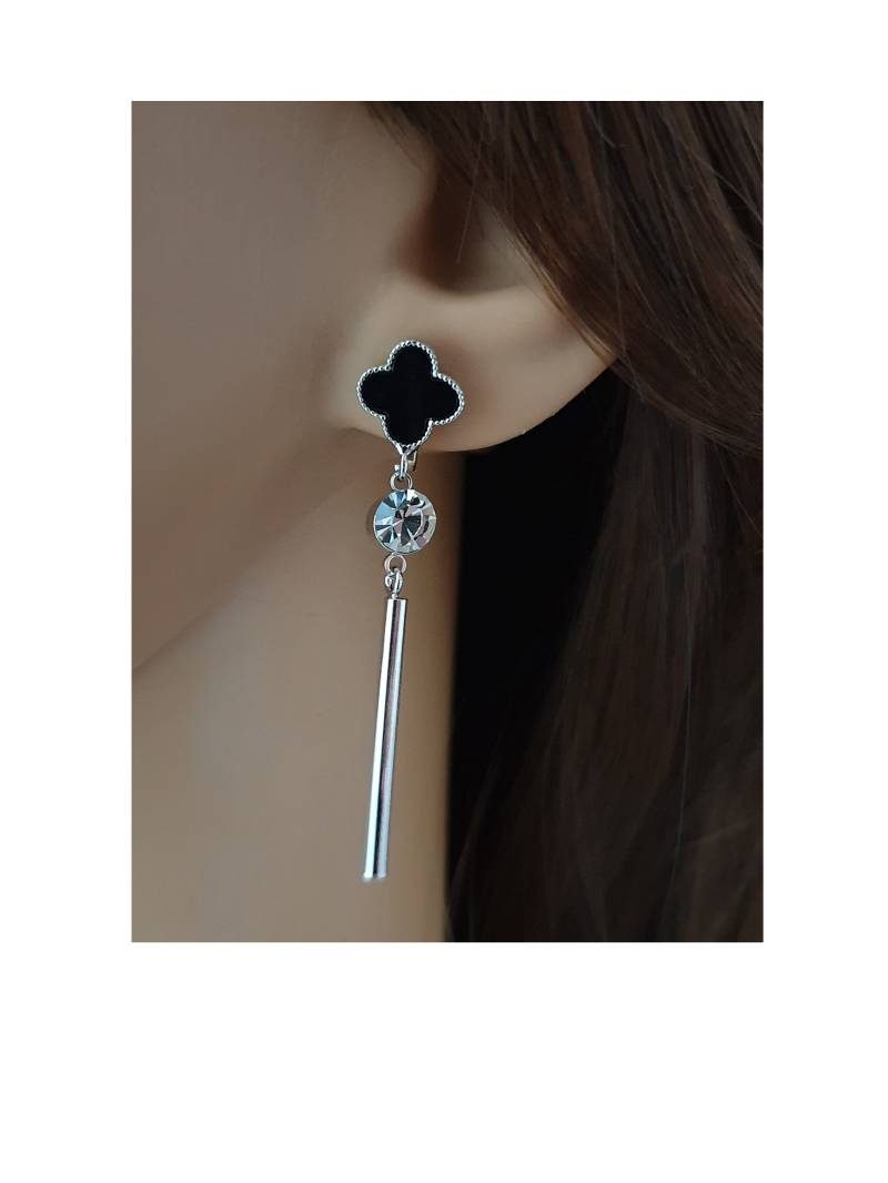 Hängende Ohrclips Kleeblatt Onyx Schwarz Silber Kristall Glücksklee Ohr Clip, Schmuck | Keine Ohrlöcher Durchbohren Clip On Earring von mArteShop