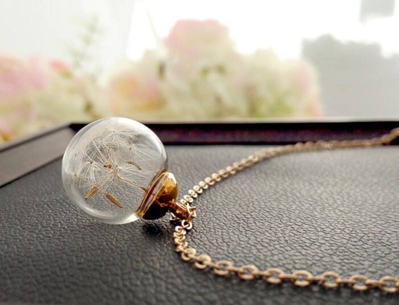 Kette Echte Pusteblumen Wish Halskette Vergoldet Glasperle, Wähle Selbst Deine Wunschlänge von mArteShop