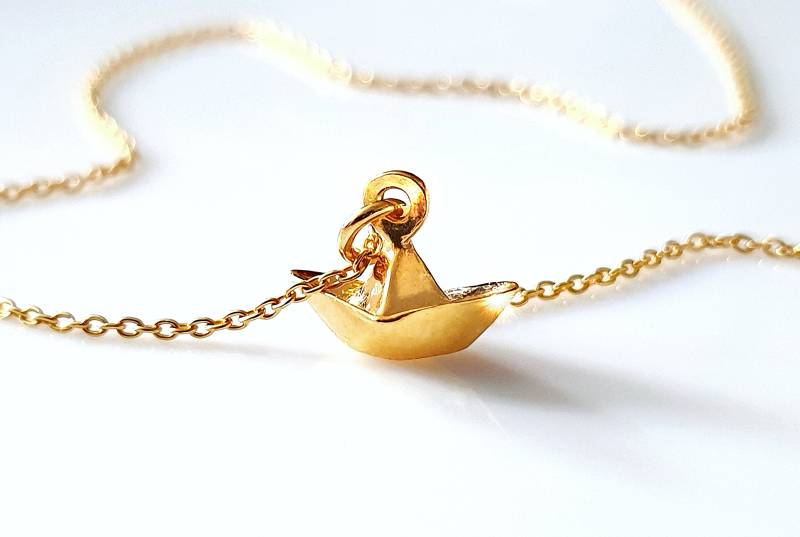 Kette Papierboot Boot Origami 925 Sterling Silber Gelbgold Vergoldete Halskette, Charm Anhänger Schmuck von mArteShop