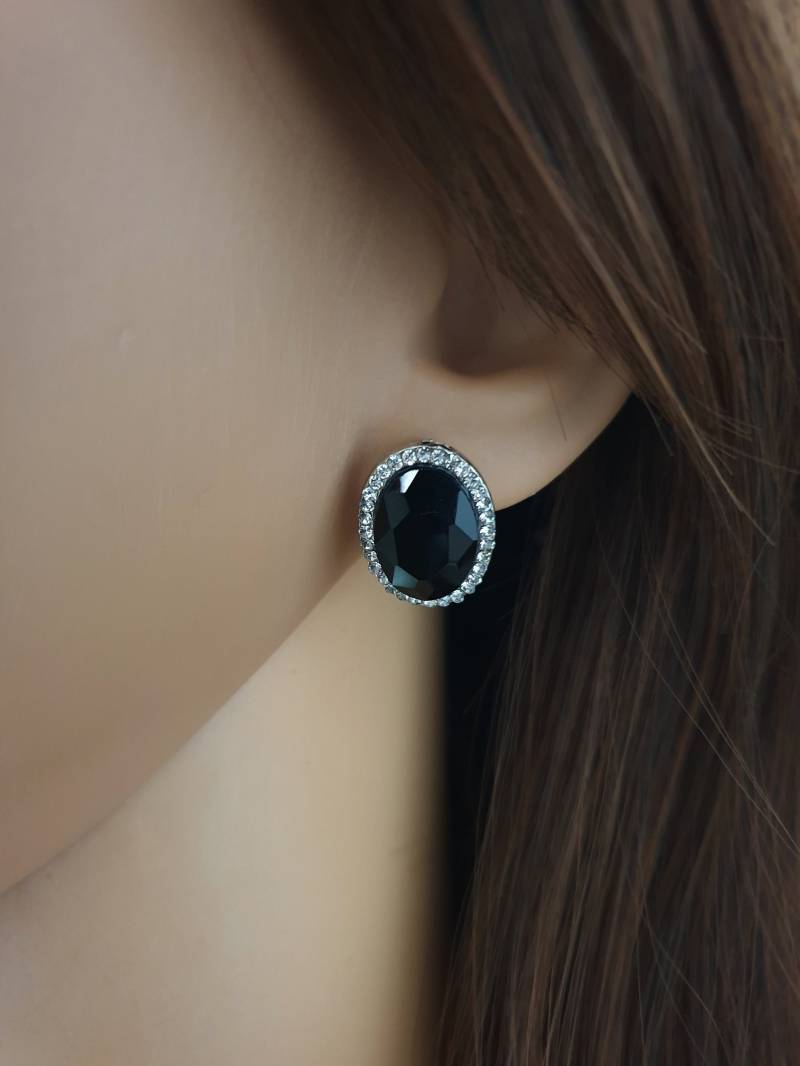 Ohrclips Oval Schwarz Silber Kristall Ohr Clip, Schmuck | Keine Ohrlöcher Durchbohren Clip On Earring von mArteShop
