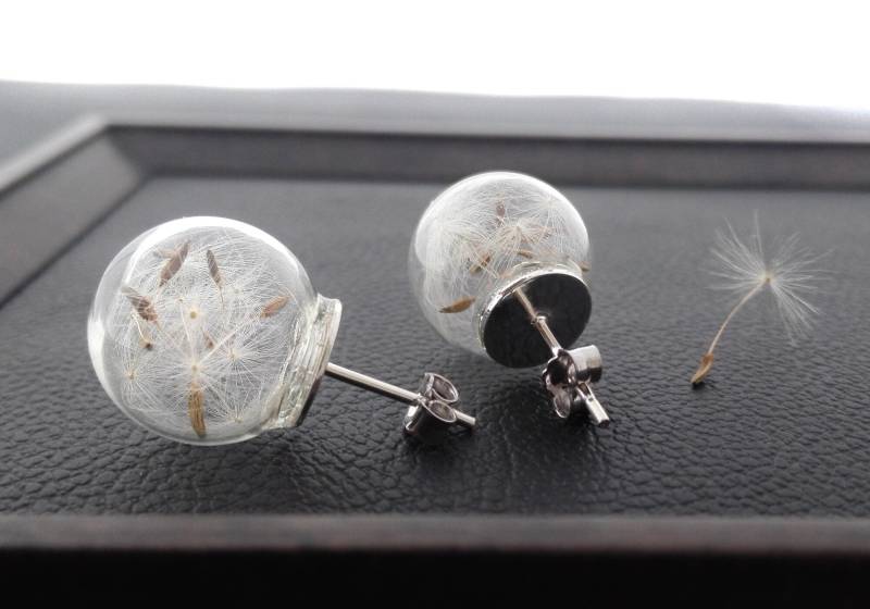 Ohrstecker Pusteblume Wunsch Wish Dandelion Terrarium Blumen Blüten Glaskugel Schmuck Ohrring in Echt 925 Silber von mArteShop