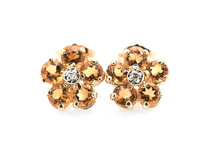 14K Gold Diamant Und Citrin Floral Ohrstecker. Vintage. Echter Diamanten. Solides Gold. Nach Gia-standards Abgestuft 14K Gold Diamant Und Citrin Floral Ohrstecker. Vintage. Echter Diamanten. Solides Gold. Nach Gia-standards Abgestuft von mLightly